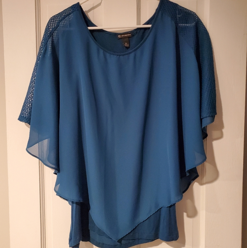 New Directions Teal Blouse with Mesh Sleeves